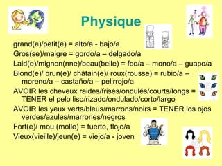 Physique grand(e)/petit(e) = alto/a - bajo/a  Gros(se)/maigre = gordo/a – delgado/a Laid(e)/mignon(nne)/beau(belle) = feo/a – mono/a – guapo/a Blond(e)/ brun(e)/ châtain(e)/ roux(rousse) = rubio/a – moreno/a – castaño/a – pelirrojo/a AVOIR les cheveux raides/frisés/ondulés/courts/longs = TENER el pelo liso/rizado/ondulado/corto/largo AVOIR les yeux verts/bleus/marrons/noirs = TENER los ojos verdes/azules/marrones/negros Fort(e)/ mou (molle) = fuerte, flojo/a Vieux(vieille)/jeun(e) = viejo/a - joven 