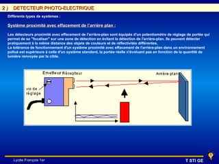 2)   DETECTEUR PHOTO-ELECTRIQUE
 Différents types de systèmes :

 Système proximité avec effacement de l’arrière plan :

 Les détecteurs proximité avec effacement de l'arrière-plan sont équipés d'un potentiomètre de réglage de portée qui
 permet de se "focaliser" sur une zone de détection en évitant la détection de l'arrière-plan. Ils peuvent détecter
 pratiquement à la même distance des objets de couleurs et de réflectivités différentes.
 La tolérance de fonctionnement d'un système proximité avec effacement de l'arrière-plan dans un environnement
 pollué est supérieure à celle d'un système standard, la portée réelle n'évoluant pas en fonction de la quantité de
 lumière renvoyée par la cible.




     Lycée François 1er                                                                               T STI GE
 