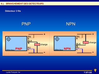 6)   BRANCHEMENT DES DETECTEURS


     Détecteur 3 fils




                           PNP                          NPN

                                    +                                          +
                            BN                                BN
                            +                                 +
                            BLK
                            S                                            charge
                                  charge                      BLK
                                                              S
                            BU                                BU
     détecteur PNP          -              détecteur   NPN    -
                                    -                                          -




      Lycée François 1er                                            T STI GE
 