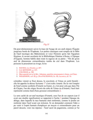 Fig.31

On peut distinctement suivre la trace de l'usage de ces œufs depuis l'Égypte
jusqu'aux bords de l'Euphrate. Les poètes classiques sont remplis de la fable
de l'œuf mystique des Babyloniens et voici l'histoire qu'en fait l'égyptien
Hyginus, le savant secrétaire de la Bibliothèque Palatine à Rome, à l'époque
d'Auguste, homme habile dans toute la sagesse de sa patrie : "On dit qu'un
œuf de dimensions extraordinaires tomba du ciel dans l'Euphrate. Les
poissons le poussèrent au rivage, là les

   1.   DAVIES, Les Druides, p. 207.
   2.   Col. KENNEDY, p. 223.
   3.   COLEMAN, p. 340.
   4.   Mon autorité est ici le Rév. Johnston, autrefois missionnaire à Amoy, en Chine.
   5.   WILKINSON, vol. III, p. 20 et PAUSIANAS, liv. III, Laconica, ch. 16.

colombes vinrent se fixer dessus, le couvèrent, et Vénus en sortit bientôt :
elle fut appelée la déesse Syrienne 1" c'est-à-dire Astarté. De là vint l'emploi
de l'œuf comme symbole d'Astarté ou Easter, et, c'est pour cela que dans l'île
de Chypre, l'un des sièges favoris du culte de Vénus ou d'Astarté, l'œuf était
représenté comme étant d'une grosseur extraordinaire 2.

Le sens caché de cet œuf mystique d'Astarté, sous l'un de ses aspects (car il
avait une double signification) se rapportait à l'arche 3 pendant l'époque du
déluge, dans laquelle la race humaine était renfermée, comme le poulet est
renfermé dans l'œuf avant son éclosion. Si on demandait comment l'idée a
pu venir à l'esprit humain d'employer un moyen si extraordinaire pour un
pareil dessein, voici ma réponse : l'œuf sacré du paganisme, comme je l'ai

                                           141
 