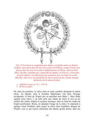 Fig. 35 Le lecteur se rappellera que Jupiter, en Jupiter jeune ou Jupiter
l'enfant, était adoré dans les bras de sa mère la Fortune, comme Vénus était
   adorée dans les bras de la déesse Babylonienne ou Horus, dans les bras
 d'Isis. De plus, Cupidon qui, comme fils de Jupiter, est Vejovis, c'est-à-dire
    le jeune Jupiter, est représenté non seulement avec la coupe de vin de
  Bacchus, mais avec une guirlande de lierre autour de lui, comme marque
                         distinctive de la même divinité.

   1. VIRGILE, Enéide, liv. VI, v. 739-741.
   2. De Flo, je respire.

Or, dans les mystères, la salive était un autre symbole désignant la même
chose. En Égypte, d'où le Système Babylonien vint dans l'Europe
occidentale, le nom de l'Esprit pur ou purifiant était Rekh 1. Mais Rekh
signifie aussi salive 2, de telle sorte que oindre de salive le nez ou les
oreilles des initiés, d'après le système mystique, était au fond les oindre de
l'esprit purificateur. Rome, en adoptant l'usage de la salive l'a emprunté à
quelque rituel Chaldéen, dans lequel la salive était l'emblème désigné de
l'Esprit; c'est ce qui ressort clairement des détails qu'elle donne, dans ses


                                        179
 