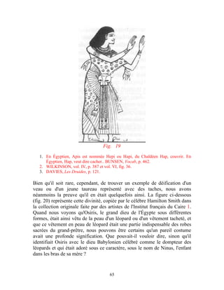 Fig. 19

   1. En Égyptien, Apis est nommée Hepi ou Hapi, du Chaldéen Hap, couvrir. En
      Égyptien, Hap, veut dire cacher.. BUNSEN, Vocab, p. 462.
   2. WILKINSON, vol. IV, p. 387 et vol. VI, fig. 36.
   3. DAVIES, Les Druides, p. 121.

Bien qu'il soit rare, cependant, de trouver un exemple de déification d'un
veau ou d'un jeune taureau représenté avec des taches, nous avons
néanmoins la preuve qu'il en était quelquefois ainsi. La figure ci-dessous
(fig. 20) représente cette divinité, copiée par le célèbre Hamilton Smith dans
la collection originale faite par des artistes de l'Institut français du Caire 1.
Quand nous voyons qu'Osiris, le grand dieu de l'Égypte sous différentes
formes, était ainsi vêtu de la peau d'un léopard ou d'un vêtement tacheté, et
que ce vêtement en peau de léopard était une partie indispensable des robes
sacrées du grand-prêtre, nous pouvons être certains qu'un pareil costume
avait une profonde signification. Que pouvait-il vouloir dire, sinon qu'il
identifiait Osiris avec le dieu Babylonien célébré comme le dompteur des
léopards et qui était adoré sous ce caractère, sous le nom de Ninus, l'enfant
dans les bras de sa mère ?



                                       65
 