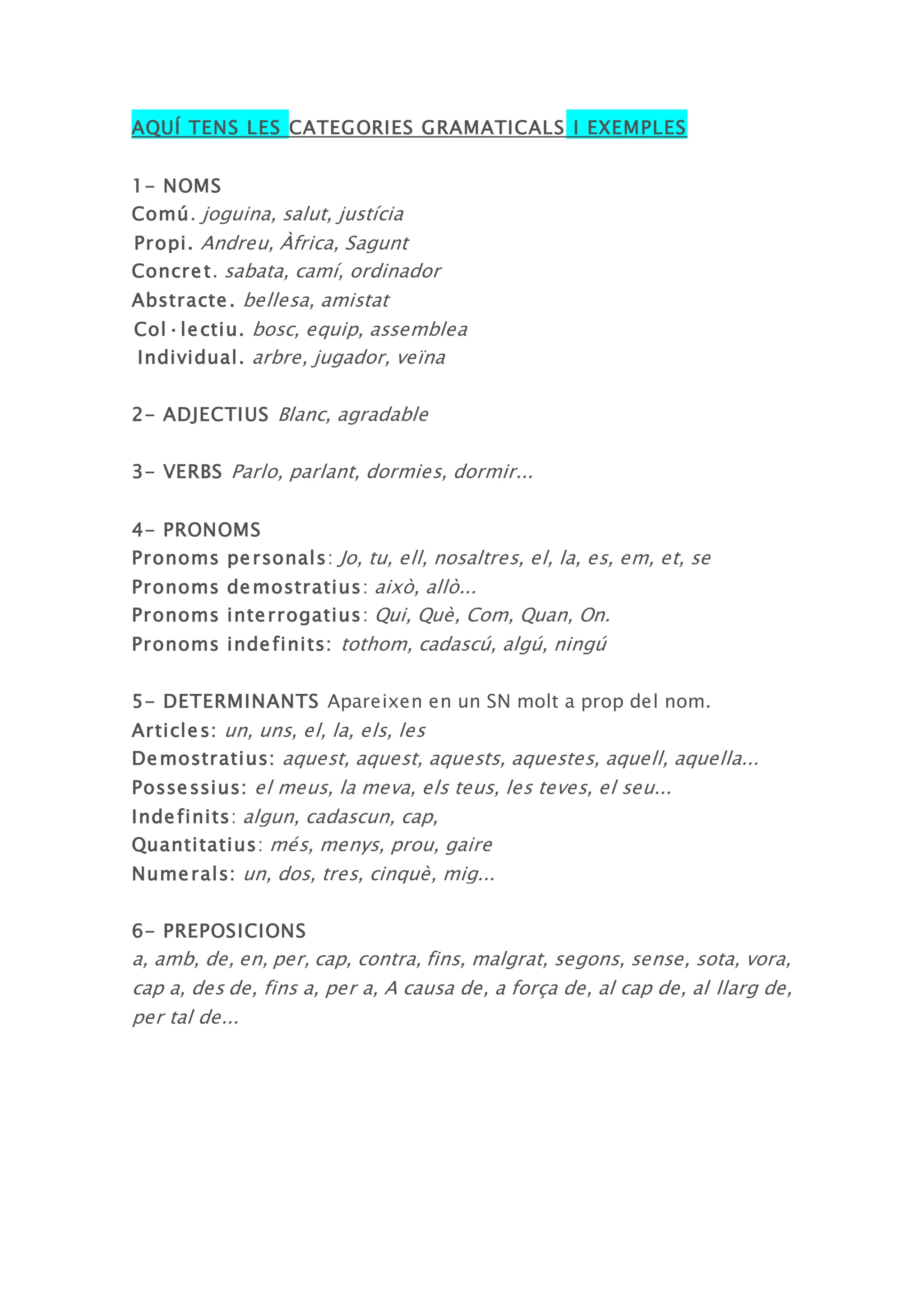 Les Diferents Categories Gramaticals | DOCX
