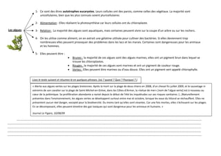 1- Ce sont des êtres autotrophes eucaryotes. Leurs cellules ont des parois, comme celles des végétaux. La majorité sont
                  unicellulaires, bien que les plus connues soient pluricellulaires

               2- Alimentation : Elles réalisent la photosynthèse car leurs cellules ont du chloroplaste.

Les algues     3- Relation : La majorité des algues sont aquatiques, mais certaines peuvent vivre sur la coupe d’un arbre ou sur les rochers.

               4- On les utilise comme aliment, on en extrait une gélatine utilisée pour cultiver des bactéries. Si elles deviennent trop
                  nombreuses elles peuvent provoquer des problèmes dans les lacs et les marais. Certaines sont dangereuses pour les animaux
                  et les hommes.

               5- Elles peuvent être :
                                           • Brunes : la majorité de ces algues sont des algues marines, elles ont un pigment brun dans lequel se
                                             trouve les chloroplastes.
                                           • Rouges : la majorité de ces algues sont marines et ont un pigment de couleur rouge.
                                           • Vertes : Elles peuvent être marines ou d’eau douce. Elles ont un pigment vert appelé chlorophylle.


             Lisez le texte suivant et résumez-le en quelques phrases. (où ? quand ? Quoi ? Pourquoi ? )

             « Alerte aux algues vertes sur les plages bretonnes. Après la mort sur la plage de deux chiens en 2008, d'un cheval fin juillet 2009, et le sauvetage in
             extremis de son cavalier sur la plage de Saint-Michel-en-Grève, dans les Côtes-d'Armor, la «laitue de mer» [nom de l’algue verte] est à nouveau au
             cœur de la polémique. Sa prolifération abondante a ravivé depuis le début de l'été les inquiétudes sur ses risques sanitaires. (…)Naturellement
             présentes dans l'environnement, les algues vertes se développent surtout entre mai et octobre, lorsque les eaux du littoral se réchauffent. Elles ne
             présentent aucun réel danger, excepté pour la biodiversité. Du moins tant qu'elles sont vivantes. Car une fois mortes, elles s'échouent sur les plages.
             En se décomposant, elles peuvent émettre des gaz toxiques qui sont dangereux pour les animaux et humains. »

             Journal Le Figaro, 10/08/09

    …………………………………………………………………………………………………………………………………………………………………………………………………………………………………
……………………………………………………………………………………………………………………………………………………………………………………………………………………………………………
……………………………………………………………………………………………………………………………………………………………………………………………………………………………………………
……………………………………………………………………………………………………………………………………………………………………………………………………………………………………………
…………………………………………………………………………………………………………………………………………………………………………………………………………………………………………….
 
