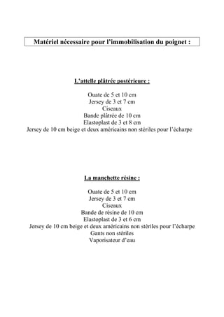 Matériel nécessaire pour l’immobilisation du poignet :




                   L’attelle plâtrée postérieure :

                         Ouate de 5 et 10 cm
                          Jersey de 3 et 7 cm
                               Ciseaux
                       Bande plâtrée de 10 cm
                       Elastoplast de 3 et 8 cm
Jersey de 10 cm beige et deux américains non stériles pour l’écharpe




                       La manchette résine :

                         Ouate de 5 et 10 cm
                         Jersey de 3 et 7 cm
                               Ciseaux
                     Bande de résine de 10 cm
                       Elastoplast de 3 et 6 cm
 Jersey de 10 cm beige et deux américains non stériles pour l’écharpe
                          Gants non stériles
                         Vaporisateur d’eau
 