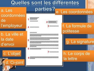 a. Les           e. Les coordonnées
coordonnées
de
l’employeur         f. La formule de
                    politesse
b. La ville et
la date
                      g. La signature
d’envoi

 c. L’objet         h. Le corps de
                    la lettre
   d. Ci-joint
 