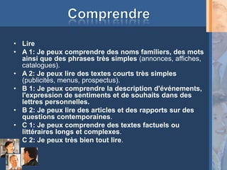 • Lire
• A 1: Je peux comprendre des noms familiers, des mots
  ainsi que des phrases très simples (annonces, affiches,
  catalogues).
• A 2: Je peux lire des textes courts très simples
  (publicités, menus, prospectus).
• B 1: Je peux comprendre la description d'événements,
  l'expression de sentiments et de souhaits dans des
  lettres personnelles.
• B 2: Je peux lire des articles et des rapports sur des
  questions contemporaines.
• C 1: Je peux comprendre des textes factuels ou
  littéraires longs et complexes.
• C 2: Je peux très bien tout lire.
 