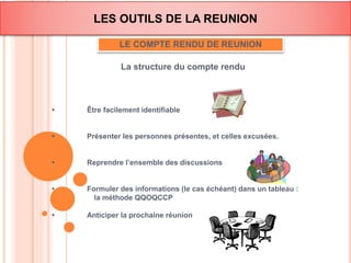 LES OUTILS DE LA REUNION 
LE COMPTE RENDU DE REUNION 
La structure du compte rendu 
• Être facilement identifiable 
• Présenter les personnes présentes, et celles excusées. 
• Reprendre l’ensemble des discussions 
• Formuler des informations (le cas échéant) dans un tableau : 
la méthode QQOQCCP 
• Anticiper la prochaine réunion 
 