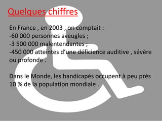 Quelques chiffresEn France , en 2003 , on comptait :-60 000 personnes aveugles ;-3 500 000 malentendantes ;-450 000 atteintes d’une déficience auditive , sévère ou profonde .Dans le Monde, les handicapés occupent à peu près 10 % de la population mondiale .