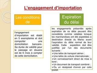 les engagements présentés après
expiration de ce délai peuvent être
considérés comme valables lorsque
les marchandises ont été expédiées à
destination directe du Maroc avant
l’expiration du délai normal de leur
validité. Cette expédition doit être
justifiée par l’un des documents
suivants :
Une lettre de transport aérien ;
Une lettre de voiture internationale ;
Un connaissement direct de mise à
bord ;
Un document de transport combiné ;
Ou un récépissé d’envoi par colis
postal.
l’engagement
d’importation est établi
en 5 exemplaires et doit
comporter une
domiciliation bancaire.
Sa durée de validité pour
le passage en douane
est de 6 mois à compter
de cette domiciliation.
Expiration
du délai
Les conditions
de
souscription
L’engagement d’importation
 