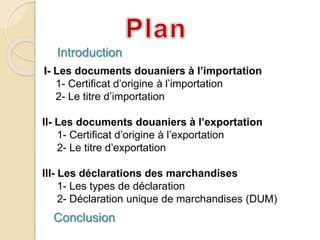 Introduction
I- Les documents douaniers à l’importation
1- Certificat d’origine à l’importation
2- Le titre d’importation
II- Les documents douaniers à l’exportation
1- Certificat d’origine à l’exportation
2- Le titre d’exportation
III- Les déclarations des marchandises
1- Les types de déclaration
2- Déclaration unique de marchandises (DUM)
Conclusion
 