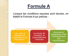 Formule A
Lorsque les conditions requises sont réunies, on
établit la Formule A qui précise :
Les noms et
adresses de
l’expéditeur et du
destinataire
Le moyen de
transport, et
éventuellement
l’itinéraire
Ainsi que la
désignation et les
caractéristiques
des
marchandises
 