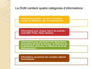 La DUM contient quatre catégories d’informations :
Informations globale : Le nom ou la raison
sociale du déclarant, date d’enregistrement.
Informations pour chaque nature de produits :
code NGP, Poids, Valeur déclarée.
Informations pour apurement des déclarations
sommaires de mise en douane : la référence de
la déclaration sommaire, la référence du lot de
dédouanement…
Informations apurement des comptes régimes
économiques.
 