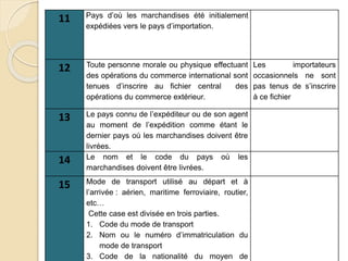 11 Pays d’où les marchandises été initialement
expédiées vers le pays d’importation.
12 Toute personne morale ou physique effectuant
des opérations du commerce international sont
tenues d’inscrire au fichier central des
opérations du commerce extérieur.
Les importateurs
occasionnels ne sont
pas tenus de s’inscrire
à ce fichier
13 Le pays connu de l’expéditeur ou de son agent
au moment de l’expédition comme étant le
dernier pays où les marchandises doivent être
livrées.
14 Le nom et le code du pays où les
marchandises doivent être livrées.
15 Mode de transport utilisé au départ et à
l’arrivée : aérien, maritime ferroviaire, routier,
etc…
Cette case est divisée en trois parties.
1. Code du mode de transport
2. Nom ou le numéro d’immatriculation du
mode de transport
3. Code de la nationalité du moyen de
 