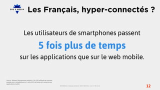 Les Français, hyper-connectés ?

                         Les utilisateurs de smartphones passent

                                                5 fois plus de temps
                    sur les applications que sur le web mobile.


Source : Nielsen Smartphones Analytics : Sur 120 milliards de minutes
passées sur le smartphone en 1 mois, 82% du temps est consacré aux
applications mobile
                                                                        BIG5MEDIA, 3 Impasse du Bel Air, 94110 ARCUEIL | +33 1 47 40 32 10
                                                                                                                                             12
 