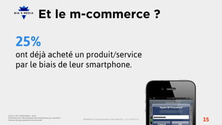 Et le m-commerce ?

        25%
        ont déjà acheté un produit/service
        par le biais de leur smartphone.




Source : Our mobile planet – ipsos
Échantillon de 1 000 utilisateurs de smartphones, qui consultent
Internet de façon générale et à titre privé                        BIG5MEDIA, 3 Impasse du Bel Air, 94110 ARCUEIL | +33 1 47 40 32 10
                                                                                                                                        15
 