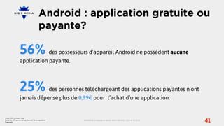 Android : application gratuite ou
                                             payante?

                   56% des possesseurs d’appareil Android ne possèdent aucune
                   application payante.




                   25%                                    des personnes téléchargeant des applications payantes n’ont
                   jamais dépensé plus de 0,99€ pour l’achat d’une application.



                                                                                                                                            41
Etude 2012 surikate – ifop
(panel de 2005 personnes représentatif de la population                BIG5MEDIA, 3 Impasse du Bel Air, 94110 ARCUEIL | +33 1 47 40 32 10
Française)
 
