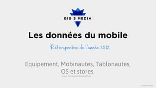 Les données du mobile


Equipement, Mobinautes, Tablonautes,
            OS et stores.
            Focus : iOS, Android, Windows Phone.




                                                   1er Janvier 2013
 