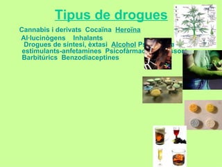 Tipus de drogues Cannabis  i derivats     Cocaïna     Heroïna Al·lucinògens         Inhalants     Drogues de síntesi, èxtasi     Alcohol   Psicofàrmacs  estimulants-anfetamines     Psicofàrmacs depressors     Barbitúrics     Benzodiaceptines 
