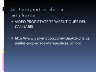 Us terapeutic de la marihuana VIDEO PROPIETATS TERAPEUTIQUES DEL CANNABIS http://www.dailymotion.com/video/x6xd3s_cannabis-propiedades-terapeuticas_school 