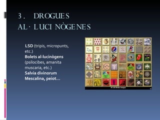 3. DROGUES AL·LUCINÒGENES  LSD  (tripis, micropunts, etc.) Bolets al·lucinògens  (psilocibes, amanita muscaria, etc.) Salvia divinorum Mescalina, peiot...  