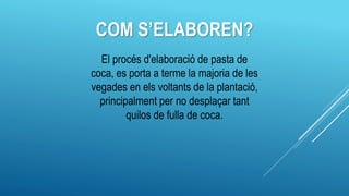 COM S’ELABOREN?
El procés d'elaboració de pasta de
coca, es porta a terme la majoria de les
vegades en els voltants de la plantació,
principalment per no desplaçar tant
quilos de fulla de coca.
 