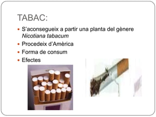 TABAC:S’aconsegueix a partir una planta del gènere Nicotiana tabacumProcedeix d’AmèricaForma de consumEfectes