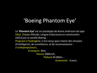 ‘Boeing Phantom Eye’
Le’ Phantom Eye’ est un prototype de drone américain de type
HALE (Haute Altitude, Longue Endurance) en construction
(2012) par la société Boeing .
Propulsé à l'hydrogène, il est conçu pour mener des missions
d'intelligence, de surveillance, et de reconnaissance :
2 turbopropulseurs,
             Envergure 46m,
                    Vitesse 300km/h,
                            Plafond 20 000m...
                                       Autonomie 4 jours
 