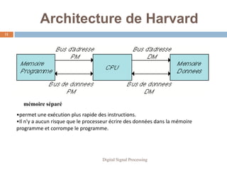 Architecture de Harvard
11




        mémoire séparé
     •permet une exécution plus rapide des instructions.
     •Il n'y a aucun risque que le processeur écrire des données dans la mémoire
     programme et corrompe le programme.




                                         Digital Signal Processing
 