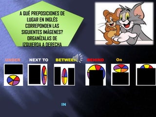 A QUÉ PREPOSICIONES DE
         LUGAR EN INGLÉS
        CORREPONDEN LAS
     SIGUIENTES IMÁGENES?
         ORGANÍZALAS DE
      IZQUIERDA A DERECHA

UNDER   NEXT TO      BETWEEN   BEHIND   On




                        IN
 