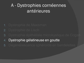 A - Dystrophies cornéennes antérieures 