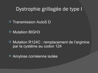 Dystrophie grillagée de type I Transmission AutoS D Mutation BIGH3 Mutation R124C : remplacement de l’arginine par la cystéine au codon 124 Amylose cornéenne isolée 