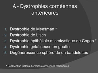 A - Dystrophies cornéennes antérieures Dystrophie de Meesman * Dystrophie de Lisch Dystrophie épithéliale microkystique de Cogan * Dystrophie gélatineuse en goutte Dégénérescence sphéroïde en bandelettes * Réalisent un tableau d’érosions cornéennes récidivantes 