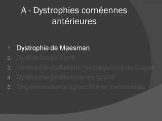 A - Dystrophies cornéennes antérieures 