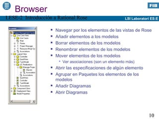 Browser
LESE-2 Introducción a Rational Rose                        LSI Laboratori ES:E


                      Navegar por los elementos de las vistas de Rose
                      Añadir elementos a los modelos
                      Borrar elementos de los modelos
                      Renombrar elementos de los modelos
                      Mover elementos de los modelos
                         Ver asociaciones (son un elemento más)
                      Abrir las especificaciones de algún elemento
                      Agrupar en Paquetes los elementos de los
                       modelos
                      Añadir Diagramas
                      Abrir Diagramas




                                                                        10
 