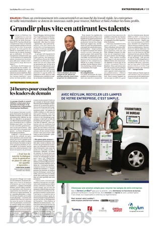 Les Echos Mercredi 5 mars 2014 ENTREPRENEUR//33
tous les échelons pour devenir
DRH en 2007, avant d’être
nommé directeur délégué en
novembre dernier. « Depuis cinq
ans, nous pratiquons la GPEC
pour identifier les compétences
clefs en interne et évaluer les atten-
tesdenoscollaborateurs.Nousuti-
lisons un logiciel dédié pour les
entretiens annuels de développe-
ment et un site Internet Gifi RH
talents permet aux salariés d’iden-
tifier les opportunités de mobilité
au sein du groupe. » Gifi, qui veut
accélérer son développement à
l’international, mise sur cette
excellence RH pour y parvenir,
qui lui vaut pour la seconde
a n n é e d ’ê t r e c e r t i f i é To p
Employers France par l’Institut
CRF. — Georges Lucien
* Etude réalisée par Populus auprès de
1.825 décideurs issus de moyennes
entreprises(plusde100employés)dans
17 pays, du 31 juillet au 28 août 2013.
construire leur parcours de
mobilité en fonction des besoins
de l’entreprise. Le tout étant
accompagné d’un effort significa-
tif de formation.
« Chez nous, il avoisine 4 % de la
masse salariale », explique
Thierry Boukhari, directeur délé-
gué du groupe Gifi. Cette entre-
prise familiale créée par son
PDG, Philippe Ginestet, en 1981,
mise sur ses compétences inter-
nes pour assurer son développe-
ment. « Nous sommes installés
près d’Agen et cela peut paraître
difficile d’attirer chez nous de jeu-
nes diplômés et encore plus de les
retenir, reconnaît Thierr y
Boukhari. Nous y parvenons dans
80 %descasgrâceànotrepolitique
salariale, à nos 200 métiers et à
notre capacité à faire progresser
nos collaborateurs. » Thierry
Boukhari en est le parfait sym-
bole. Entré comme stagiaire au
service paie en 2003, il a gravi
Pour autant, les rigidités du
marché du travail en France et la
fragilité de la reprise poussent les
dirigeants d’ETI à privilégier la
promotion interne des compé-
tences par rapport aux recrute-
ments.Et,pourêtreperformante,
cette quête des talents doit se pro-
fessionnaliser. « Jusqu’à présent
les logiciels de gestion des talents
étaient surtout l’apanage des
grands groupes, mais aujourd’hui
ces outils sont adoptés par les ETI
et les PME, et le marché de la GPEC
[gestion prévisionnelle des
emplois et des compétences,
NDLR] est en pleine croissance »,
souligne Pascale Boyaval, direc-
trice marketing, activité ressour-
ces humaines chez Cegid.
Cartographier
les compétences
Ces outils permettent de carto-
graphier les compétences et don-
nent aux salariés le moyen de
Franck Berguig, chef de produits
chez Cegid Ressources Humai-
nes, « et ne pas hésiter à s’investir
sur les réseaux sociaux ». Autres
impératifs : aller dans les écoles,
« sponsoriser » des cycles de for-
mation, créer des chaires de
recherche et d’enseignement
(comme l’a fait par exemple le
groupe Toupargel à Lyon avec
l’EM Lyon).
Le groupe Gifi (équipement
pour la famille et la maison,
4.600 salariés, 410 magasins,
977 millions d’euros de chiffre
d’affaires en 2013) basé à Ville-
neuve-sur-Lot (47) a ainsi noué
un partenariat avec la Cité de la
formation de Marmande pour
développer un BTS en apprentis-
sage management des unités
commerciales Gifi. Gifi, qui veut
atteindre le cap du millier de
magasins en 2025, mise sur cette
formation pour satisfaire en par-
tie ses besoins d’encadrement.
Trouver et fidéliser les
compétences sont un
enjeu majeur pour les
entreprises de taille intermé-
diaire (ETI), l’une des clefs de leur
compétitivité dans la bataille
concurrentielle qu’elles se livrent
entre elles et avec les grands
groupes. Et cette guerre des
talents va s’intensifier au fur et à
mesure que la reprise économi-
que se confirmera : 14 % des ETI
européennes estiment ainsi que
« le recrutement et la rétention des
talents constitueront les princi-
paux défis pour l’année à venir »
(baromètre Sage Business
Index*).
En France, les ETI misent sur
l’attractivité de leur modèle – cir-
cuits hiérarchiques courts, res-
ponsabilité individuelle – pour
séduire les jeunes diplômés. Mais
elles doivent aussi « travailler
leur marque employeur » pour
attirer les bons profils, estime
ENJEUX//Dans un environnement très concurrentiel et un marché du travail rigide, les entreprises
de taille intermédiaire se dotent de nouveaux outils pour trouver, fidéliser et faire évoluer les bons profils.
Grandirplusviteenattirantlestalents
Thierry Boukhari, directeur
délégué de Gifi, défend une
politique salariale visant à faire
progresser les collaborateurs.
Il est toujours bon pour un diri-
geant d’entreprise de prendre une
bouffée d’oxygène, de s’offrir une
parenthèse pour réfléchir sur son
rôle, ses objectifs et ses perspecti-
ves.Maislesdeuxjournéesorgani-
sées récemment par le cabinet
Deloitte sous le titre « Les 24 heu-
res des nouvelles générations »,
sont un peu particulières : elles
sont réservées à de jeunes diri-
geants – ou futurs dirigeants –
d’entreprises familiales.
L’objectif ? « Leur permettre de
sortir de leur solitude. Les repre-
neurs familiaux sont souvent mal
perçus, parce qu’on s’imagine qu’ils
sont nés avec une cuillère en argent
danslabouche.Enréalité,lareprise
d’une entreprise familiale est sou-
ventdifficile :ils“enbavent”tousles
jours et se sentent prisonniers d’un
devoir de loyauté et de pérennité,
sans pouvoir échanger sur le sujet.
Lors du séminaire, ils peuvent par-
tager avec d’autres dirigeants
d’entreprise, qui vivent la même
expérience », explique Christophe
Saubiez, associé expert entrepri-
ses familiales chez Deloitte et
organisateur du séminaire, qui
s’est tenu en région parisienne. Si
la « nouvelle génération » a entre
25 et 40 ans, le public est en réalité
un peu plus large. « Les jeunes sont
contents d’être entre eux, mais il est
bon aussi de susciter le dialogue
entre les générations, de bousculer
les schémas établis entre la généra-
tionenplaceetcellequiestappeléeà
reprendre », précise Christophe
Saubiez. Ainsi, on est à mi-chemin
entreleséminaireprofessionnelet
la« cousinade » :unequinzainede
familles sont venues en « clan », à
2, 3 ou 4 avec un parent, des frères
etsœursoudescousins.C’estlecas
par exemple de Bertrand Lajugie,
directeurgénéraldéléguéetrepré-
sentant de la quatrième généra-
tion au sein du groupe Seeb (ingé-
n i e r i e e t c o n s t r u c t i o n d e
machines-outils – 30 millions de
chiffre d’affaires et 200 salariés
dans quatre filiales), venu avec
deux de ses cousins chercher « des
contacts et des témoignages prag-
matiques et informels, au-delà des
formations par des experts »… Car
c’est bien là l’objectif. « Nous sou-
haitons créer les conditions d’un
échange fructueux entre les partici-
pants, qui sont réunis en huis clos.
Ils peuvent parler entre eux de leur
parcours, de leur aventure d’entre-
preneur, mais aussi de leurs diffi-
cultés au sein de la famille », pour-
suit Christophe Saubiez.
« Des pistes pour avancer »
Leprogrammeduséminairecom-
bine donc travail et détente. Côté
travail, des présentations techni-
ques, sur la fiscalité et les évalua-
tions d’entreprise, mais aussi des
ateliers et des tables rondes. A
l’ouverture « officielle », en milieu
de matinée, ils étaient ainsi une
centaine de participants pour
écouter les témoignages de quel-
ques « stars » du « family busi-
ness » comme Philippe d’Ornano
(Sisley) ou Antoine Mayaud (Asso-
ciation Familiale Mulliez) sur le
thème de « L’entreprise familiale :
comment inventer de nouveaux
modèlesdecroissance ? ».Aupro-
gramme des festivités, de longues
soirées d’échanges, autour d’un
buffet, puis d’un verre de whisky
tardif (très tardif pour certains),
dans un cadre agréable mais sans
prétention.
« Nous avons rencontré des
modèles d’entreprises très diffé-
rents,maisconstatéquenosvaleurs
étaient communes, conclue Ber-
trand Lajugie, qui est sorti du
séminaireconfortédansseschoix.
Un actionnariat familial très dis-
persépeutconstitueruneforcepour
l’entreprise, à condition que la
structuration juridique repose sur
debonsprincipesetquelafamillene
soit pas un frein au développement
de l’entreprise. » Chez d’autres, la
réflexionestmoinsavancée.« Cer-
tainsjeunesdécouvrentqueleurcas
n’est pas unique. S’ils ne repartent
pas avec toutes les réponses, ils ont
au moins des pistes pour avancer »,
résume Christophe Saubiez. Fort
du succès de la rencontre, rendez-
vous est déjà pris pour l’année
prochaine. — Cécile Desjardins
Le groupe d’audit et conseil
Deloitte a réuni pour deux
journées d’échanges et de
formation des responsables
d’entreprises familiales.
24heurespourcoacher
lesleadersdedemain
ENTREPRISES FAMILIALES
« Il est bon de
susciter le dialogue
entre la génération
en place et celle qui
est appelée
à reprendre. »
CHRISTOPHE SAUBIEZ
Associé expert entreprises
familiales chez Deloitte
DR
- Récylum : RCS Paris B 482 323 946
Pour recevoir votre Lumibox®
:
www.recylum.com/service-lumibox
AVEC RÉCYLUM, RECYCLER LES LAMPES
DE VOTRE ENTREPRISE, C’EST SIMPLE.
Choisissez une solution simple pour recycler les lampes de votre entreprise.
Avec le optez pour la sérénité : votre distributeur en fournitures de bureau,
partenaire de Récylum, s’occupe de tout, de la livraison à la reprise de votre Lumibox®
pleine.
C’est simple, éco-responsable et conforme à la réglementation.
 