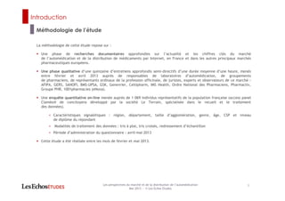 Introduction
La méthodologie de cette étude repose sur :
Une phase de recherches documentaires approfondies sur l’actualité et les chiffres clés du marché
de l’automédication et de la distribution de médicaments par Internet, en France et dans les autres principaux marchés
pharmaceutiques européens.
Une phase qualitative d’une quinzaine d’entretiens approfondis semi-directifs d’une durée moyenne d’une heure, menés
entre février et avril 2013 auprès de responsables de laboratoires d’automédication, de groupements
de pharmaciens, de représentants ordinaux de la profession officinale, de juristes, experts et observateurs de ce marché :
AFIPA, GERS, SANOFI, BMS-UPSA, GSK, Genevrier, Celtipharm, IMS Health, Ordre National des Pharmaciens, Pharmactiv,
Groupe PHR, 1001pharmacies (eNova).
Une enquête quantitative on-line menée auprès de 1 069 individus représentatifs de la population française (access panel
Claméo® de concitoyens développé par la société Le Terrain, spécialisée dans le recueil et le traitement
des données).
< Caractéristiques signalétiques : région, département, taille d’agglomération, genre, âge, CSP et niveau
de diplôme du répondant
< Modalités de traitement des données : tris à plat, tris croisés, redressement d’échantillon
< Période d’administration du questionnaire : avril-mai 2013
Cette étude a été réalisée entre les mois de février et mai 2013.
Méthodologie de l’étude
3Les perspectives du marché et de la distribution de l’automédication
Mai 2013 ― © Les Echos Etudes
 