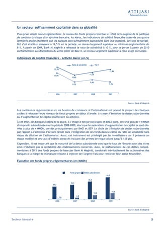 Un secteur suffisamment capitalisé dans sa globalité
   Plus qu’un simple calcul réglementaire, le niveau des fonds propres constitue le reflet de la sagesse de la politique
   de conduite du risque d’un système bancaire. Au Maroc, les indicateurs de solidité financière observés ces quatre
   dernières années montrent que les banques sont suffisamment capitalisées dans leur globalité. Le ratio de solvabi-
   lité s’est établi en moyenne à 11,5 % sur la période, un niveau largement supérieur au minimum réglementaire de
   8 %. À partir de 2009, Bank Al Maghrib a rehaussé le ratio de solvabilité à 10 %, pour le porter à partir de 2010
   conformément aux dispositions du 2ème pilier de Bâle II, un niveau largement supérieur à celui exigé en Europe.

   Indicateurs de solidité financière – Activité Maroc (en %)

                                                    Ratio de solvabilité            Tier I

                                   12,3%
                                                                                                11,8%
                                                                            11,2%
                                   11,0%
                                                   10,6%

                                                                             9,6%
                                                    9,2%                                        9,2%




                                     2006             2007                    2008             2009



                                                                                                           Source : Bank Al Maghrib


   Les contraintes réglementaires et les besoins de croissance à l’international ont poussé la plupart des banques
   cotées à rehausser leurs niveaux de fonds propres en début d’année, à travers l’émission de dettes subordonnées
   ou d’augmentation de capital (numéraire ou actions).
   À cet effet, les banques cotées de la place, à l’image d’Attijariwafa bank et BMCE bank, ont levé plus de 14 MMDh
   d’emprunts subordonnées sur la période 2008-2009, alors que les opérations d’augmentation de capital se sont éle-
   vées à plus de 4 MMDh, portées principalement par BMCI et BCP. Le choix de l’émission de dettes subordonnées
   par rapport à l’émission d’actions réside dans l’intégration de ces fonds dans le calcul du ratio de solvabilité sans
   risque de dilution de l’actionnariat. Aussi, cet instrument est privilégié par les investisseurs car il présente un
   risque modéré et des taux d’intérêt attractifs incluant des primes de risque allant jusqu’à 125 pbs.
   Cependant, il est important que la maturité de la dette subordonnée ainsi que le taux de rémunération des titres
   émis n’obèrent pas la rentabilité des établissements concernés. Aussi, le plafonnement de ces dettes complé-
   mentaires à 50 % des fonds propres de base par Bank Al Maghrib, conduirait inévitablement les actionnaires des
   banques à la marge de manœuvre réduite à injecter de l’argent frais pour renforcer leur assise financière.

   Évolution des fonds propres réglementaires (en MMDh)



                                                  Fonds propres     Dettes subordonnées
                                                                                             69,0

                                                                           55,4
                                                  45,3
                                  39,7


                                                                                                    19,4
                                                                                  13,2
                                                           4,8
                                           1,6

                                    2006             2007                    2008              2009



                                                                                                           Source : Bank Al Maghrib




Secteur bancaire                                                                                                                      29
 