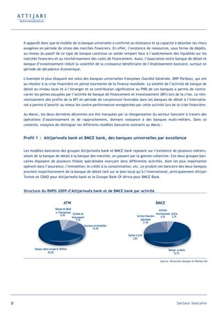 Il apparaît donc que le modèle de la banque universelle a confirmé sa résistance et sa capacité à absorber les chocs
     exogènes en période de stress des marchés financiers. En effet, l’existence de ressources, sous forme de dépôts,
     au niveau du passif de ce type de banque constitue un solide rempart face à l’assèchement des liquidités sur les
     marchés financiers et au renchérissement des coûts de financement. Aussi, l’association entre banque de détail et
     banque d’investissement réduit la volatilité de la croissance bénéficiaire de l’établissement bancaire, surtout en
     période de décadence économique.

     L’exemple le plus éloquent est celui des banques universelles françaises (Société Générale, BNP Paribas), qui ont
     pu résister à la crise financière en pleine tourmente de la finance mondiale. La solidité de l’activité de banque de
     détail au niveau local et à l’étranger et sa contribution significative au PNB de ces banques a permis de contre-
     carrer les pertes essuyées par l’activité de banque de financement et investissement (BFI) lors de la crise. Le réin-
     vestissement des profits de la BFI en période de conjoncture favorable dans les banques de détail à l’internatio-
     nal a permis d’amortir au mieux les contre-performances enregistrées par cette activité lors de la crise financière.

     Au Maroc, les deux dernières décennies ont été marquées par la réorganisation du secteur bancaire à travers des
     opérations d’assainissement et de rapprochement, donnant naissance à des banques multi-métiers. Dans ce
     contexte, essayons de distinguer les différents modèles bancaires existants au Maroc :


     Profil 1 : Attijariwafa bank et BMCE bank, des banques universelles par excellence


     Les modèles bancaires des groupes Attijariwafa bank et BMCE bank reposent sur l’existence de plusieurs métiers,
     allant de la banque de détail à la banque des marchés, en passant par la gestion collective. Ces deux groupes ban-
     caires disposent de plusieurs filiales spécialisées exerçant dans différentes activités, dont les plus importantes
     opèrent dans l’assurance, l’immobilier, le crédit à la consommation, etc. Le produit net bancaire des deux banques
     provient majoritairement de la banque de détail tant sur le plan local qu’à l’international, principalement Attijari
     Tunisie et CBAO pour Attijariwafa bank et le Groupe Bank Of Africa pour BMCE Bank.


     Structure du RNPG 2009 d’Attijariwafa bank et de BMCE bank par activité


                                        ATW                                                                        BMCE
                                Banque de détail                                                                       Activités
                                à l’international Sociétés de                                                       internationales Autres
                                      6,4%                                                      Services financiers
                                                  financemenrt                                                           4,3%       5,7%
                                                      9,2%                                          Spécialisés
                                                                                                      21,4%
                                                             Assurance et Immobilier
                                                                     18,9%

                                                                                       Gestion d’actif
                                                                                            2,8%


            Banque, Maroc europe et offshore                                                                                    Banque au Maroc
                        65,5%                                                                                                       74,7%

                                                                                                                        Source : Direction Analyse et Recherche




36                                                                                                                                       Secteur bancaire
 