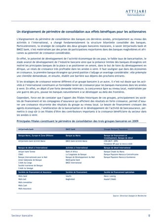 Un élargissement de périmètre de consolidation aux effets bénéfiques pour les actionnaires

   L’élargissement du périmètre de consolidation des banques ces dernières années, principalement au niveau des
   activités à l’international, a changé fondamentalement la structure bilantielle consolidée des banques.
   Particulièrement, la stratégie de conquête des deux groupes bancaires marocains, à savoir Attijariwafa bank et
   BMCE bank, s’est matérialisée par des prises de participations majoritaires dans des banques maghrébines et afri-
   caines au potentiel de croissance considérable.

   En effet, le potentiel de développement de l’activité économique de ces pays, le faible taux de bancarisation, le
   stade avancé de développement de l’industrie bancaire ainsi que la présence limitée des banques étrangères ont
   motivé les principales banques de la place à se positionner en amont, dans le but de faire du développement en
   Afrique, un relais de croissance très profitable dans les années à venir. Il faut souligner que dans des économies
   en croissance, la première banque étrangère qui prend position s’adjuge un avantage considérable : elle préempte
   une clientèle demandeuse, et ensuite, établit une barrière aux dépens des prochains entrants.

   Si les stratégies de croissance externe diffèrent d’un groupe bancaire à un autre, il n’est nul doute que les acti-
   vités à l’international constituent un formidable levier de croissance pour les banques marocaines dans les années
   à venir. En effet, en dépit d’une forte demande intérieure, la concurrence âpre au niveau local, matérialisée par
   une guerre des prix, pousse les banques naturellement à se développer au-delà des frontières.

   Cependant, force est de constater que l’apport des filiales historiques de ces groupes, principalement les socié-
   tés de financement et les compagnies d’assurance qui affichent des résultats en forte croissance, permet d’assu-
   rer une croissance récurrente des résultats du groupe au niveau local. Le besoin de financement croissant des
   agents économiques, l’amélioration de la bancarisation et le développement de l’activité de bancassurance, per-
   mettra à coup sûr à ces filiales d’être des contributeurs importants à la croissance bénéficiaire du secteur dans
   les années à venir.

   Principales filiales constituant le périmètre de consolidation des trois groupes bancaires en 2009

     Attijariwafa bank                        BMCE bank                         Groupe Banques Populaires


     Banque Maroc, Europe et Zone Offshore    Banque au Maroc                   Banque de financement et
                                                                                investissement, Banque de détail
     Attijariwafa bank Activité Maroc         BMCE bank Activité Maroc          CPM (BCP + BPR)
                                                                                Fondation BP pour le micro-crédit
     Banque de détail à l'international       Activités à l'international       Banque de détail international
     Attijari bank Tunisie                    Bank of Africa                    Banque Chaabi du Maroc
     CBAO                                     La Congolaise de Banque           Banque Populaire Marocco-Centrafricaine
     Banque Internationale pour le Mali       Banque de Développement du Mali   Banque Populaire Marocco-Guinéenne
     Union Gabonaise de Banque                Médicapital bank
     Crédit du Congo                          BMCE International
     Société Ivoirienne de Banque
     Crédit du Sénégal
     Sociétés de financement et Assurance     Sociétés de financement           Société de financement spécialisés
     Wafa Salaf                               Salafin                           Maroc Leasing
     Wafa bail                                Maghrebail                        Assalaf Châabi
     Wafa immobilier
     Wafa Cash
     Wafa Assurance


                                                                                          Source : Direction Analyse et Recherche




Secteur bancaire                                                                                                                    57
 