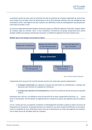 La première section de notre note de recherche fait état du potentiel de croissance significatif du secteur ban-
   caire compte tenu du faible niveau de bancarisation et de la forte demande intérieure tant des ménages que des
   investisseurs privés. Interrogeons-nous dès à présent aux différentes niches de développement des groupes ban-
   caires dans les années à venir.

   La structure organisationnelle des banques marocaines repose sur différents segments d’activités, lesquels ciblent
   de multiples types de clientèle. Ainsi, si nous considérons l’architecture du groupe Attijariwafa bank comme
   exemple modèle de la banque commerciale marocaine, les différents segments d’activité existants sont :


   Modèle type d’une banque universelle au Maroc



                                               Banque des Particuliers            Banque des Marocains
             Banque de l’entreprise
                                                et des Professionnels                sans Frontière




                                                 Banque Universelle




                       Banque des Marchés et                           Banque de Détail à
                          d’Investissement                               l’International



                                                                                    Source : Direction Analyse et Recherche



   L’observation de la structure de l’activité bancaire montre qu’il existe deux grands compartiments :

             la banque commerciale qui regroupe la banque des particuliers et professionnels, la Banque des
              Marocains sans frontière et la banque de l’entreprise ;

             la banque des marchés et d’investissement qui réunit les activités de marché ainsi que le corporate
              finance.

   Intéressons-nous, dès lors, aux différents cycles de maturité de ces deux compartiments bancaires, au    niveau
   local et international, afin de déceler les opportunités de croissance de chacun des segments dans les années à
   venir.

   S’il est certain que tous ces segments connaîtront un développement favorable eu égard au besoin structurel de
   financement de l’économie, les groupes bancaires qui réaliseront une forte croissance bénéficiaire et qui amélio-
   reront la rentabilité de leurs actionnaires seront ceux qui se positionnent au niveau des segments qui constitue-
   ront à moyen terme de véritables relais de croissance.




Secteur bancaire                                                                                                              65
 