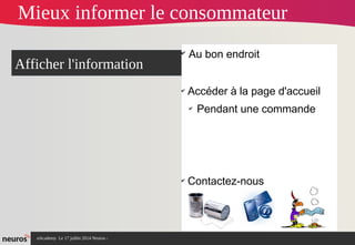 nAcademy Le 17 juillet 2014 Neuros -
✔
Au bon endroit
✔
Accéder à la page d'accueil
✔
Pendant une commande
✔
Contactez-nous
Afficher l'information
Mieux informer le consommateur
 