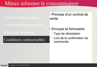 nAcademy Le 17 juillet 2014 Neuros -
✔
Principe d'un contrat de
vente
✔
Envoyer le formulaire
✔
Type de rétractation
✔
Lors de la confirmation de
commande
Afficher l'information
Caractéristiques produits
Délais de livraison
Conditions contractuelles
Mieux informer le consommateur
 