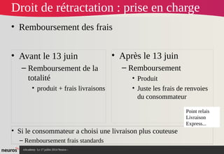 nAcademy Le 17 juillet 2014 Neuros -
Droit de rétractation : prise en charge
• Remboursement des frais
• Avant le 13 juin
– Remboursement de la
totalité
• produit + frais livraisons
• Après le 13 juin
– Remboursement
• Produit
• Juste les frais de renvoies
du consommateur
• Si le consommateur a choisi une livraison plus couteuse
– Remboursement frais standards
Point relais
Livraison
Express...
 