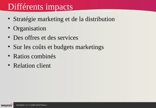 nAcademy Le 17 juillet 2014 Neuros -
Différents impacts
• Stratégie marketing et de la distribution
• Organisation
• Des offres et des services
• Sur les coûts et budgets marketings
• Ratios combinés
• Relation client
 