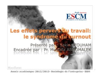 Les effets pervers du travail:
le syndrome du burnout
Présenté par : Sakina FOUHAM
Encadrée par : Pr. Mostafa ABOUMALEK
1
 