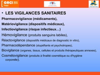 • LES VIGILANCES SANITAIRES
Pharmacovigilance (médicaments),
Matériovigilance (dispositifs médicaux),
Infectiovigilance (risque infectieux…)
Hémovigilance (produits sanguins labiles),
Réactovigilance (dispositifs médicaux de diagnostic in vitro),
Pharmacodépendance (stupéfiants et psychotropes),
Biovigilance (organes, tissus, cellules et produits thérapeutiques annexes),
Cosmétovigilance (produits à finalité cosmétique ou d'hygiène
corporelle).
 