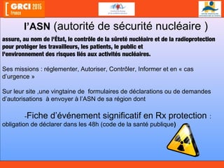 l’ASN (autorité de sécurité nucléaire )
assure, au nom de l'État, le contrôle de la sûreté nucléaire et de la radioprotection
pour protéger les travailleurs, les patients, le public et
l'environnement des risques liés aux activités nucléaires.
Ses missions : réglementer, Autoriser, Contrôler, Informer et en « cas
d’urgence »
Sur leur site ,une vingtaine de formulaires de déclarations ou de demandes
d’autorisations à envoyer à l’ASN de sa région dont
-Fiche d’événement significatif en Rx protection :
obligation de déclarer dans les 48h (code de la santé publique)
 