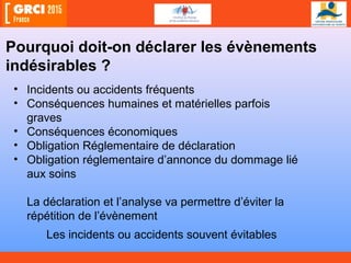 Pourquoi doit-on déclarer les évènements
indésirables ?
• Incidents ou accidents fréquents
• Conséquences humaines et matérielles parfois
graves
• Conséquences économiques
• Obligation Réglementaire de déclaration
• Obligation réglementaire d’annonce du dommage lié
aux soins
La déclaration et l’analyse va permettre d’éviter la
répétition de l’évènement
Les incidents ou accidents souvent évitables
 