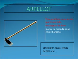 Eina semblant a una aixada que té una fulla rectangular de ferro   mànec de fusta d’uns 90 cm de  llargària. Serveix per cavar, treure herbes, etc. 